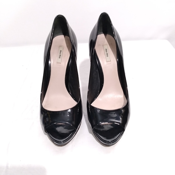 MIU MIU Black Patent Leather Peep-toe Platform Stiletto Heels, size 37 - Picture 5 of 7